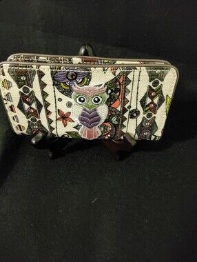 Sakroots Owl Pattern Wallet - Cream with Purple & Green Accents